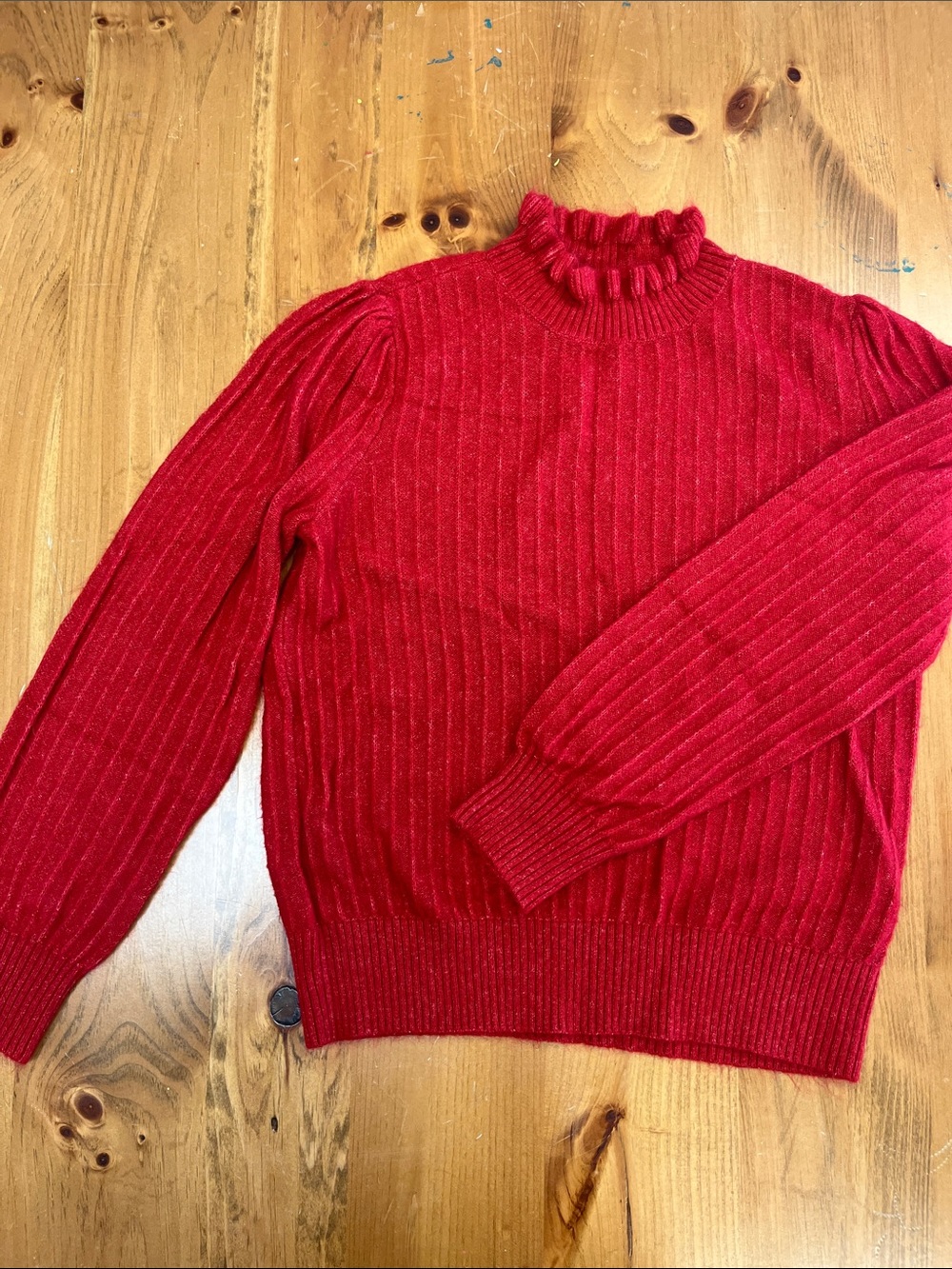 LOFT Red Ribbed Ruffle Mock Neck Sweater